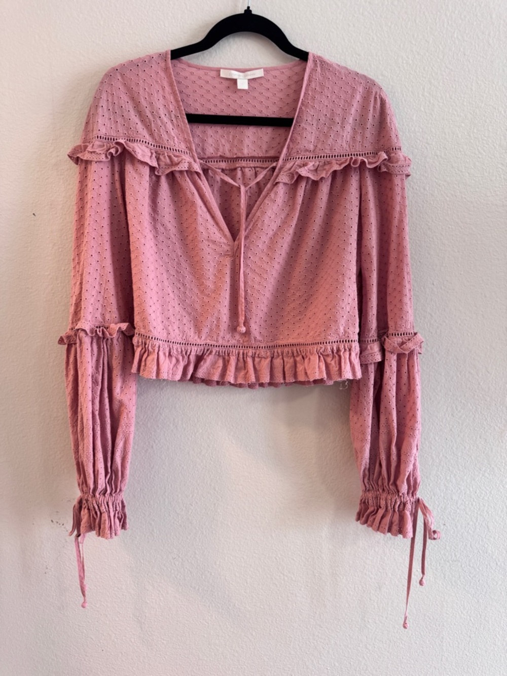 Jonathan Simkhai Dusty Pink Eyelet Ruffle Peasant Blouse, Size Medium
